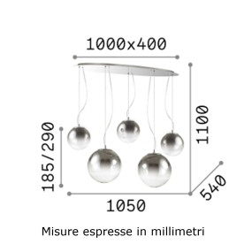 Suspension 5 lumières, multi-lumière, avec des sphères en verre soufflé chromé.