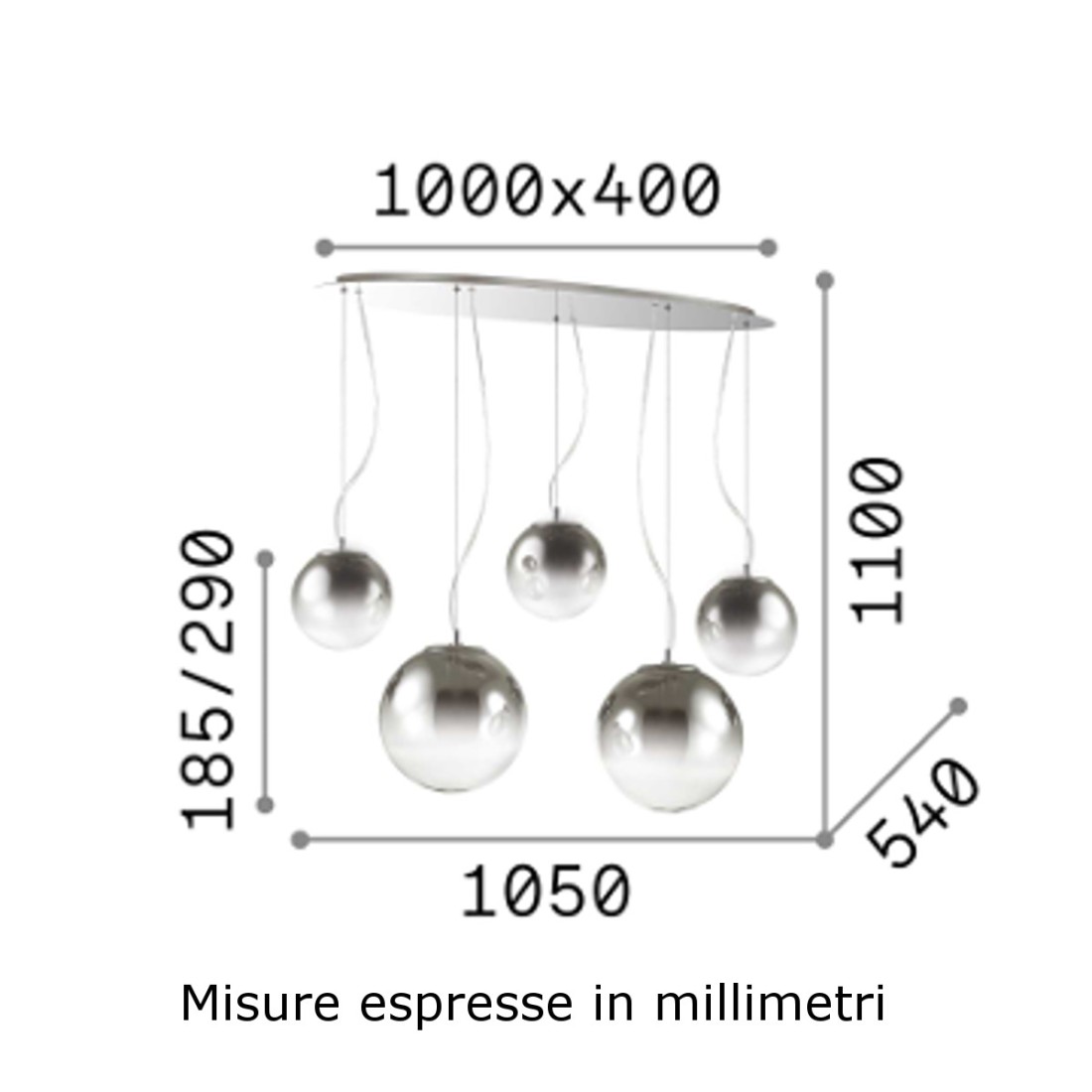 Suspension 5 lumières, multi-lumière, avec des sphères en verre soufflé chromé.