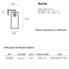 Sovil AUREA 177 02 BLANCO E27 Aplique LED moderno para exterior