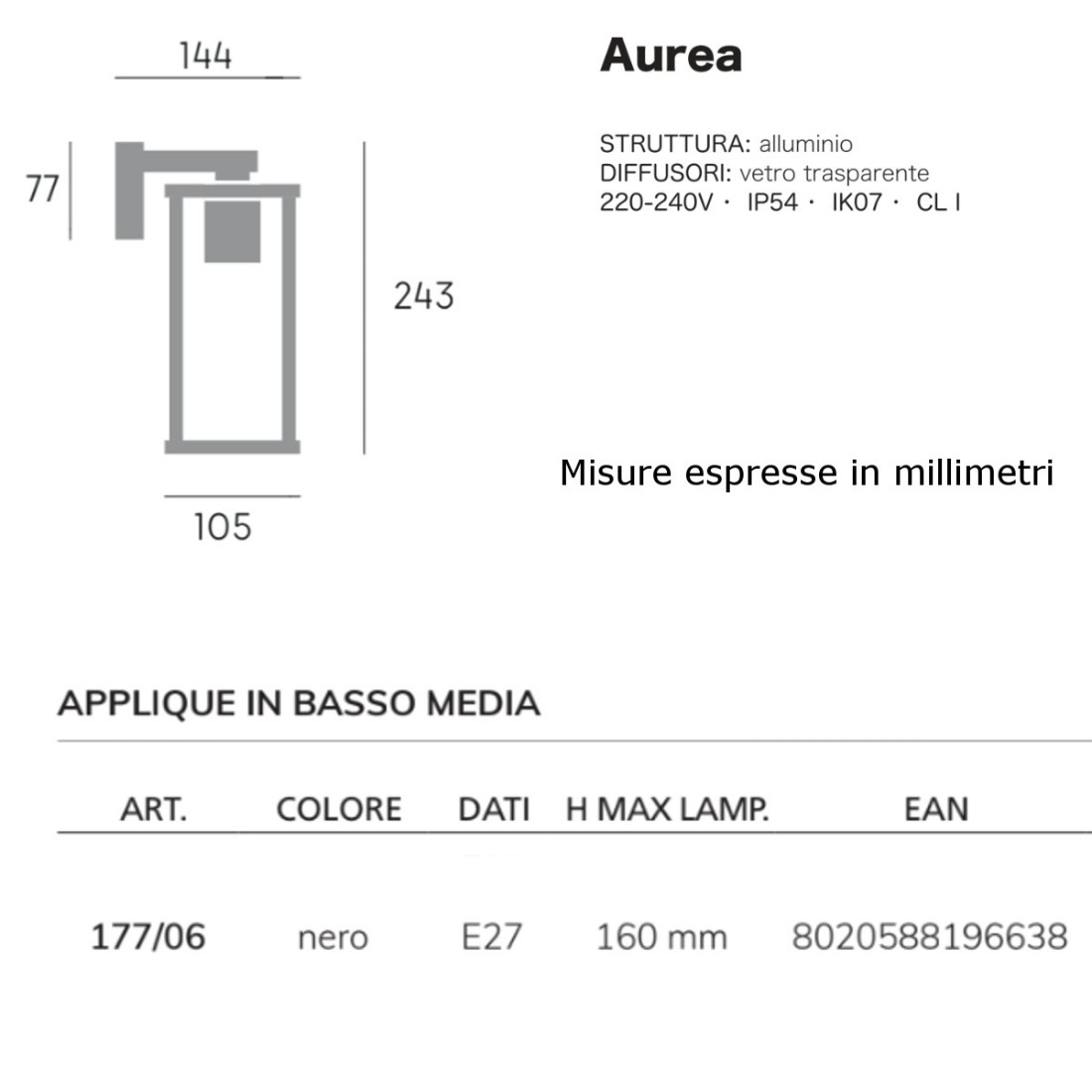 Sovil AUREA 177 06 NEGRO E27 Aplique LED moderno para exterior