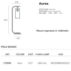 Lampioncino esterno moderno Sovil AUREA 178 06 NERO E27 LED