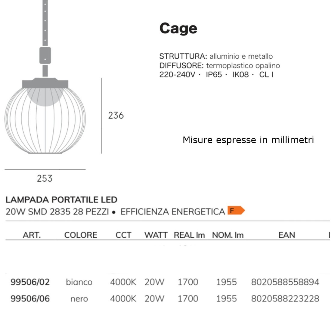 Sovil CAGE LED candelabro para exteriores 99506 lámpara de techo de suspensión portátil moderna