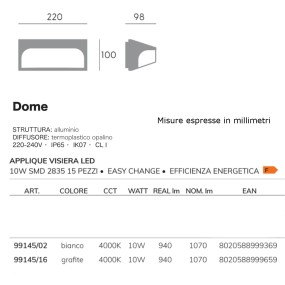 Applique d'extérieur Sovil DOME LED 99145 blanche ou grise