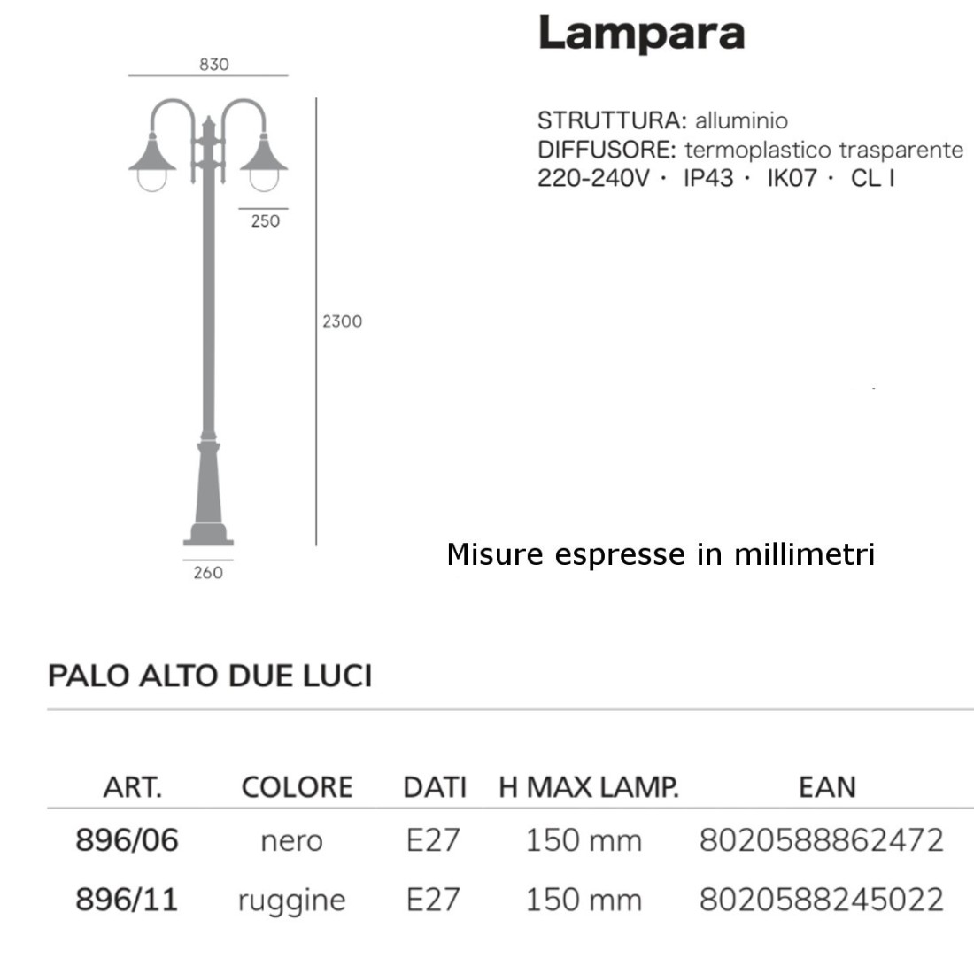 Linterna clásica Livos LAMPARA 896 E27 LED óxido o negro