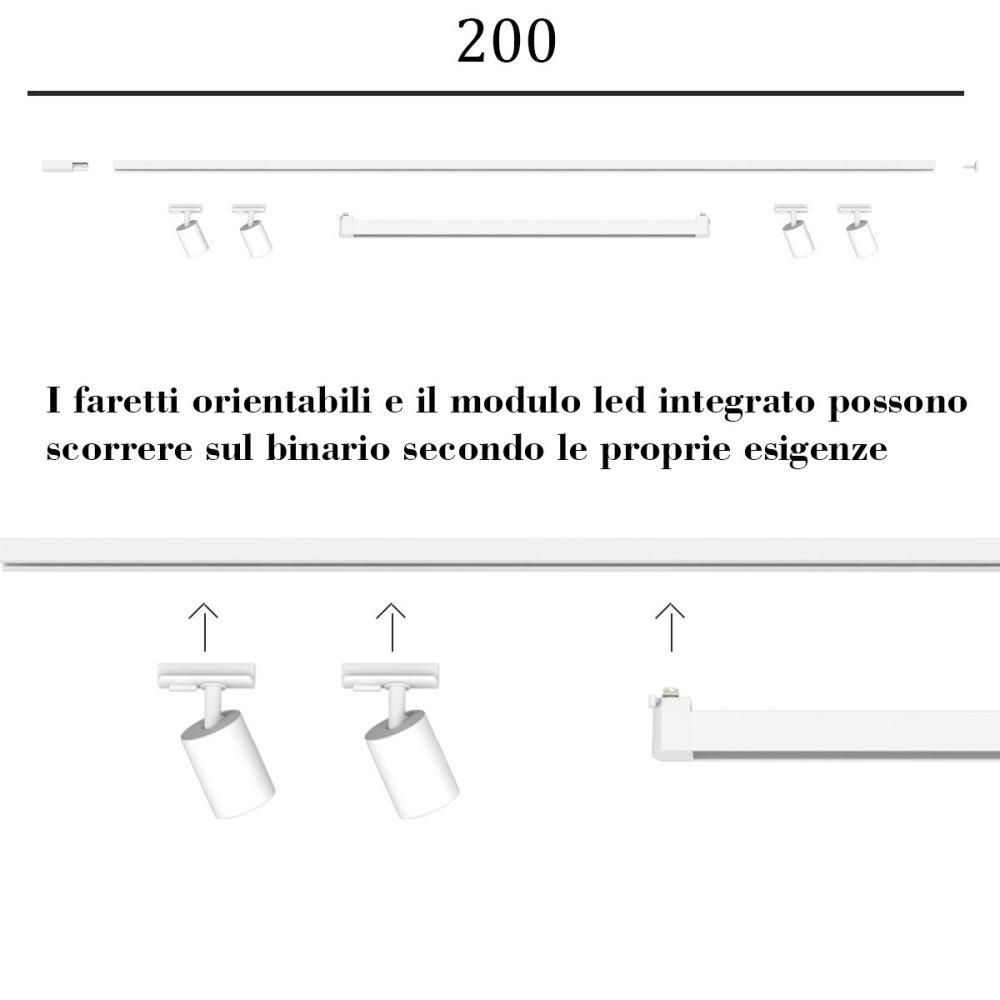 Binario Top Light MONO MIXKIT 200 N BI GU10 LED INTEGRATO lampada soffitto faretti orientabili moderno