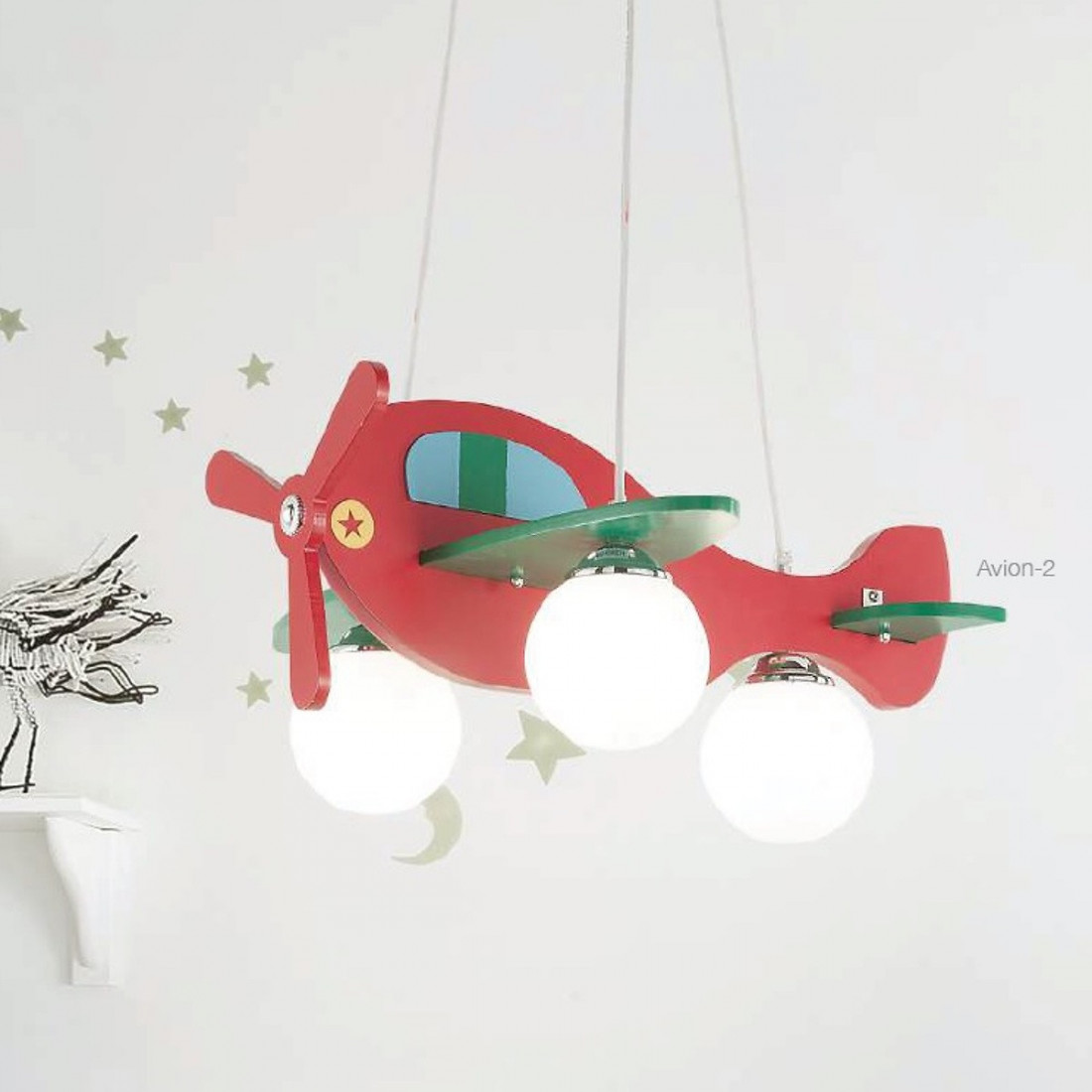 Lampadario ID-AVION 2 SP3 E14 Led elicottero legno rosso sospensione camerette bambini multiluce interno