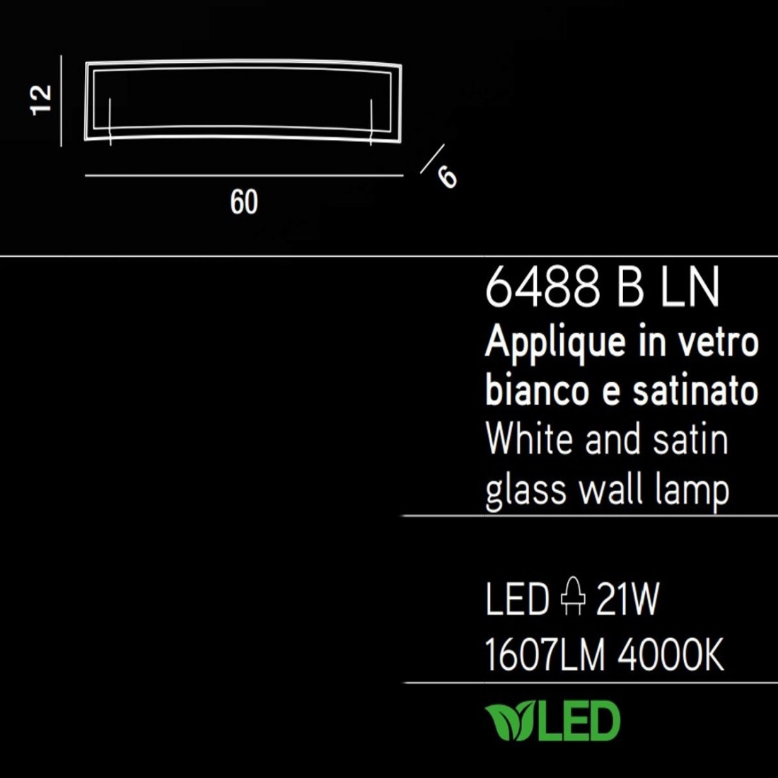 APPLIQUE NERO PARETE LED 9W 4000K LUCE SPECCHIO BAGNO VETRO SATINATO