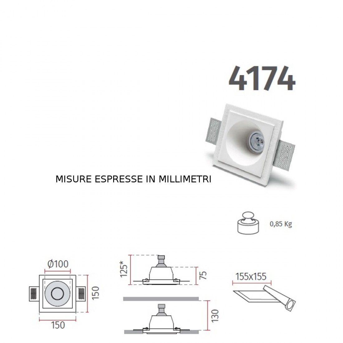 Faretto incasso BF-4174 35 GU10 LED gesso bianco verniciabile quadrato cartongesso muratura interno IP20