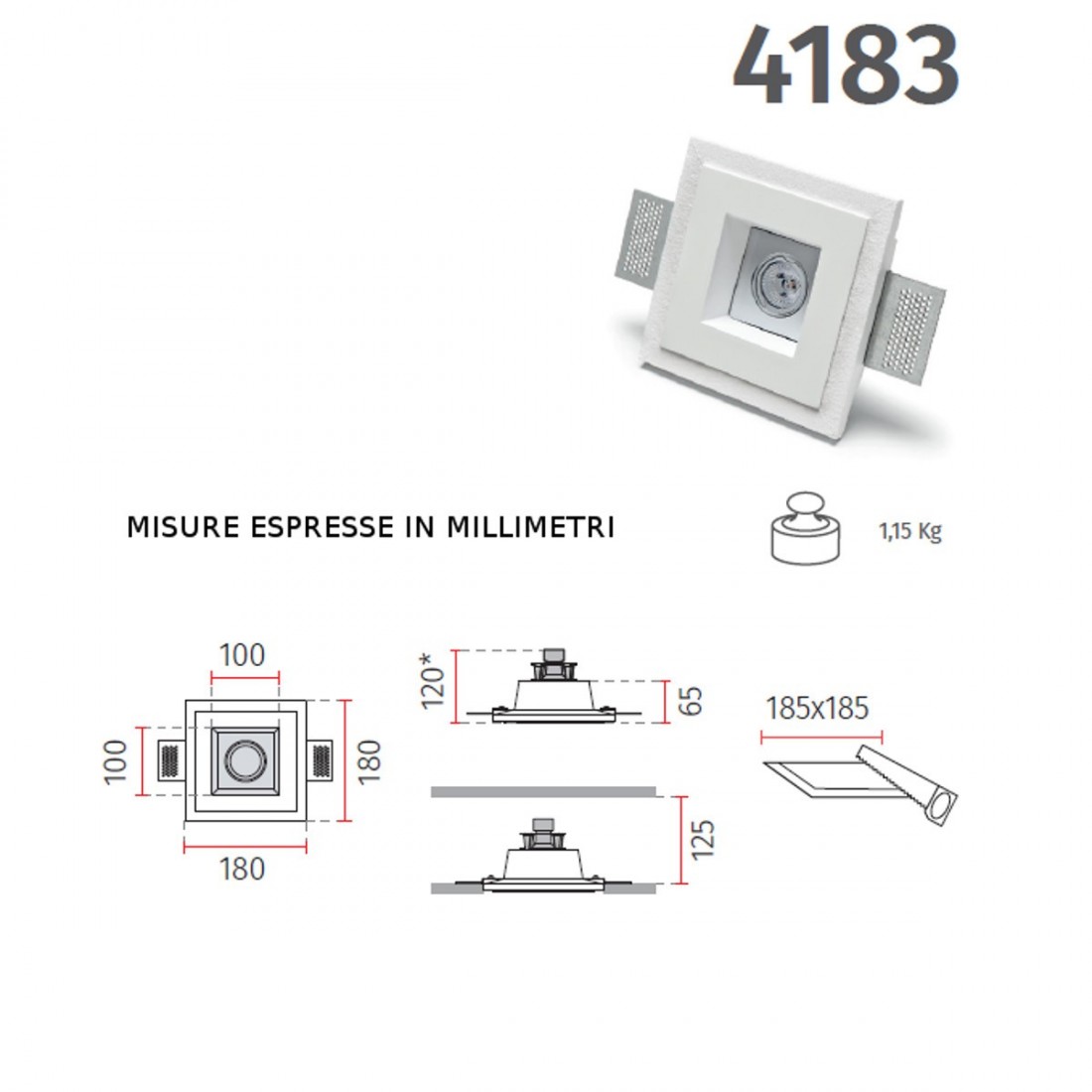 Faretto incasso BF-4183 GU10 LED orientabile gesso bianco verniciabile quadrato muro interno IP20