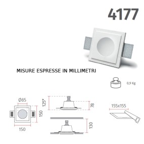 Faretto incasso BF-4177 GU10 gesso bianco verniciabile quadrato vetro soffitto cartongesso muro interno IP20