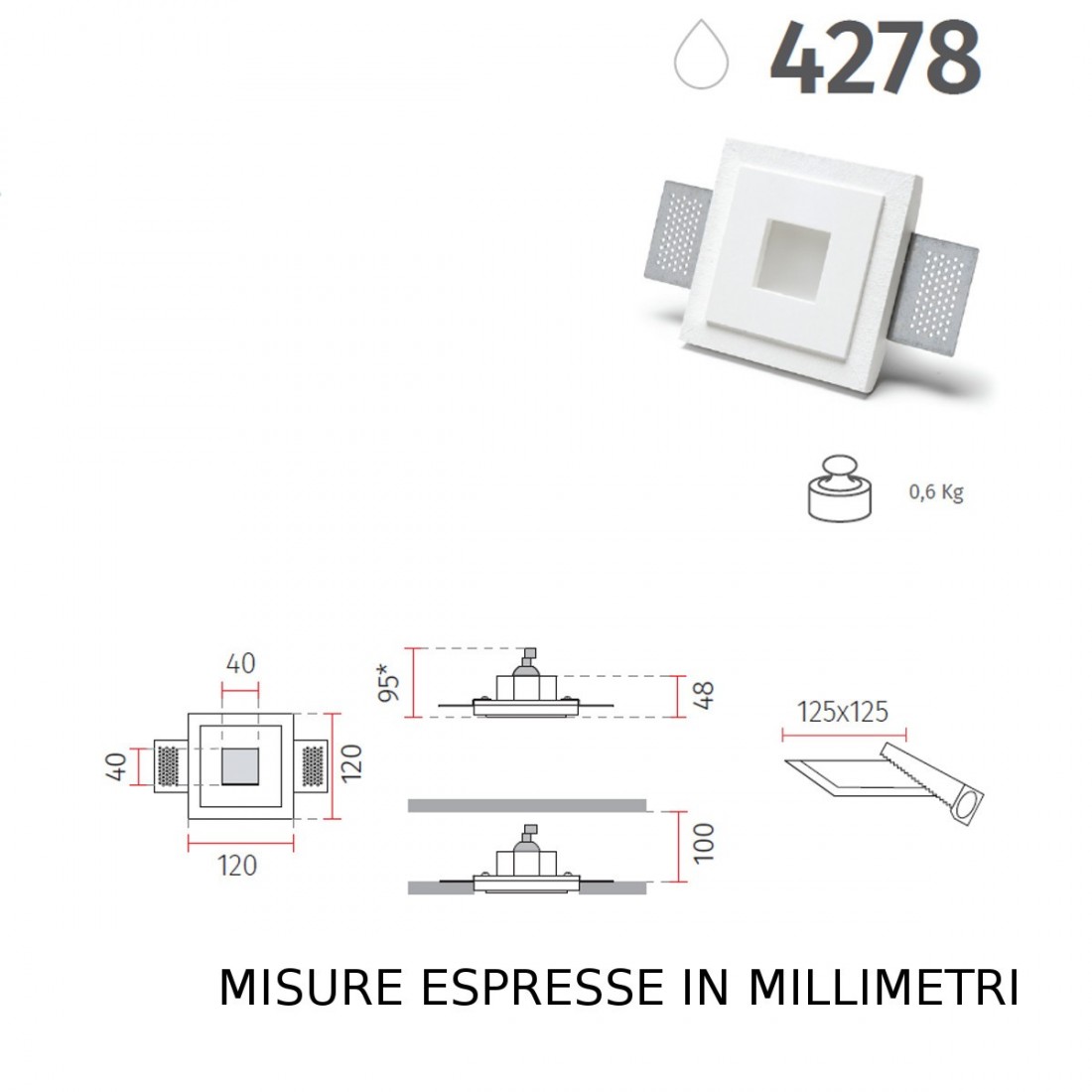 Faretto incasso BF-4278 GU10 LED gesso bianco verniciabile quadrato cartongesso muratura interno IP20 IP44