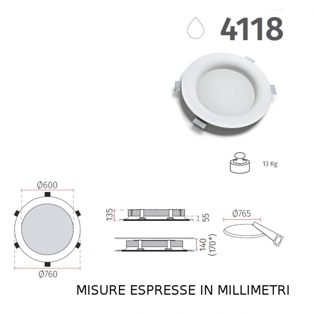 Faretto incasso BF-4118 3015 88W LED WIRELESS integrato gesso bianco tondo soffitto scomparsa interno IP20 IP44