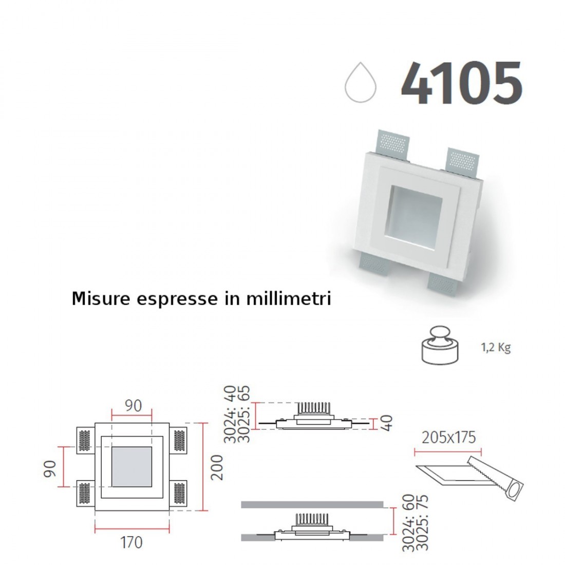 Spot encastré BF-4105 8W LED IP44 carré plâtre plafond plaque de plâtre maçonnerie interne