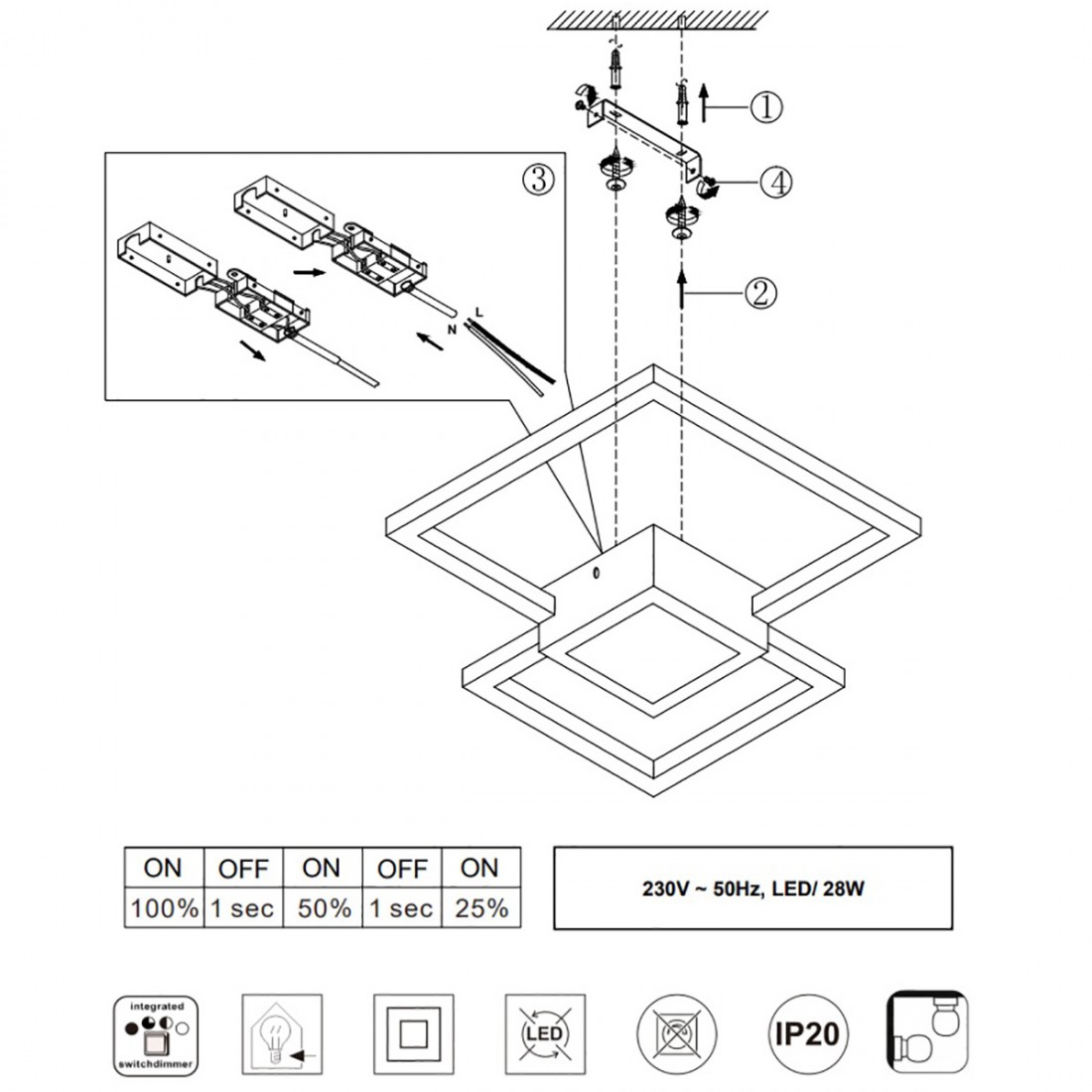 Hydra Trio Ligthing quadratische dimmbare LED-Deckenleuchte