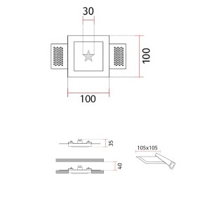 Faretto da incasso quadrato con stella 4251A in gesso bianco a led