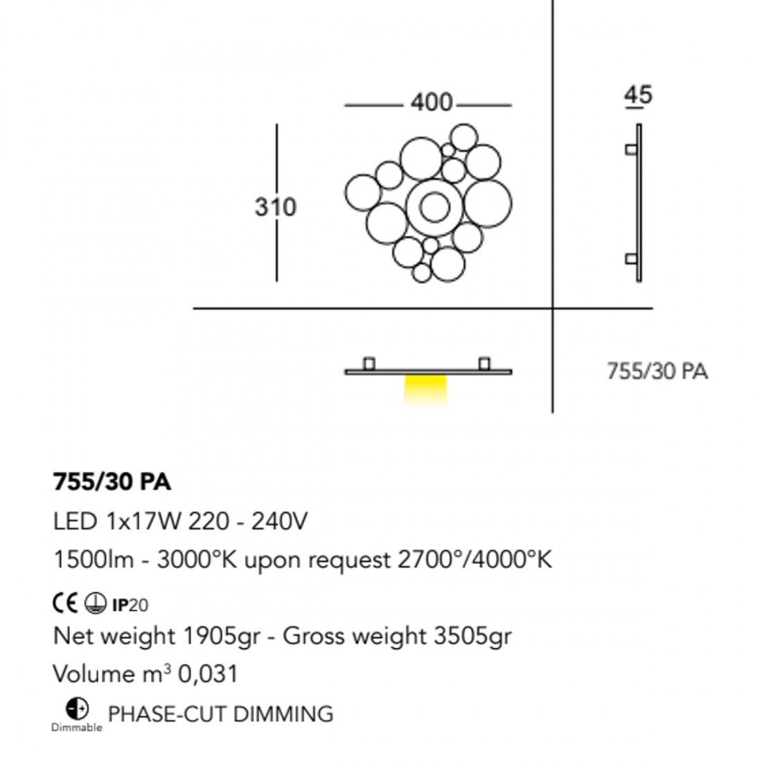 Plafoniera BOLLE 755 30 PA Cattaneo illuminazione