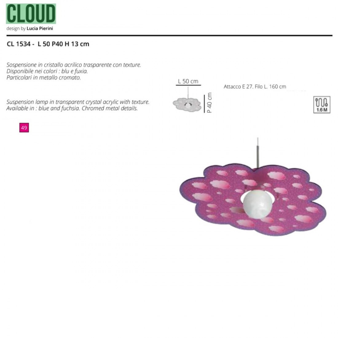 Sospensione EMPORIUM-CLOUD CL1534 NUVOLA E27 LED acrilico blu lampadario  camerette bambini moderna