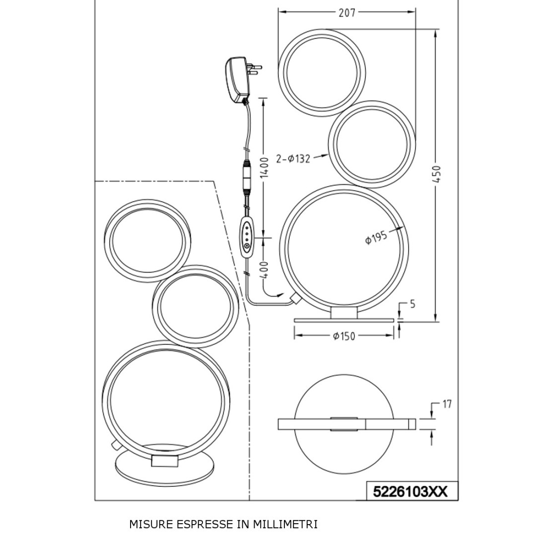 Lampada da tavolo Led Rondo con tre cerchi in metallo H.45 cm 17W