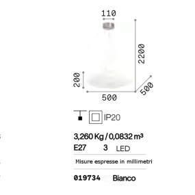 Lustre rond en verre blanc 3 lumières E27 max 60W.