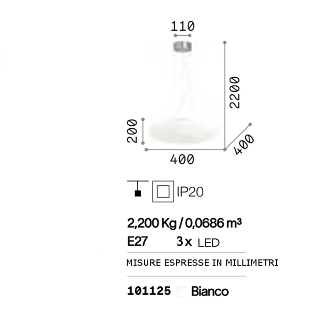 Weißer runder Glaskronleuchter 3 Lichter E27 max 60W.